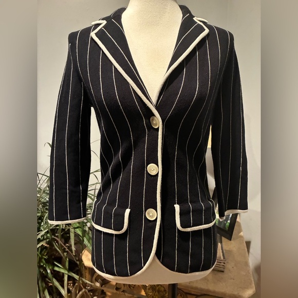 Vintage Lauren by Ralph Lauren Black & White Striped Knit Cotton Blazer Size P/S - Picture 10 of 13
